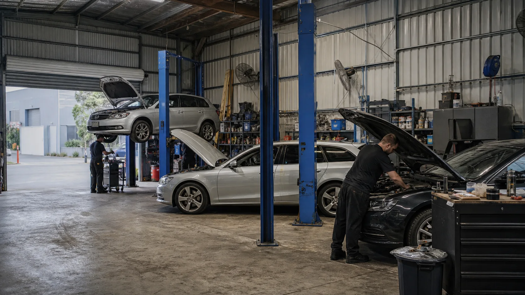 Technicians working across several service bays in a Melbourne automotive workshop