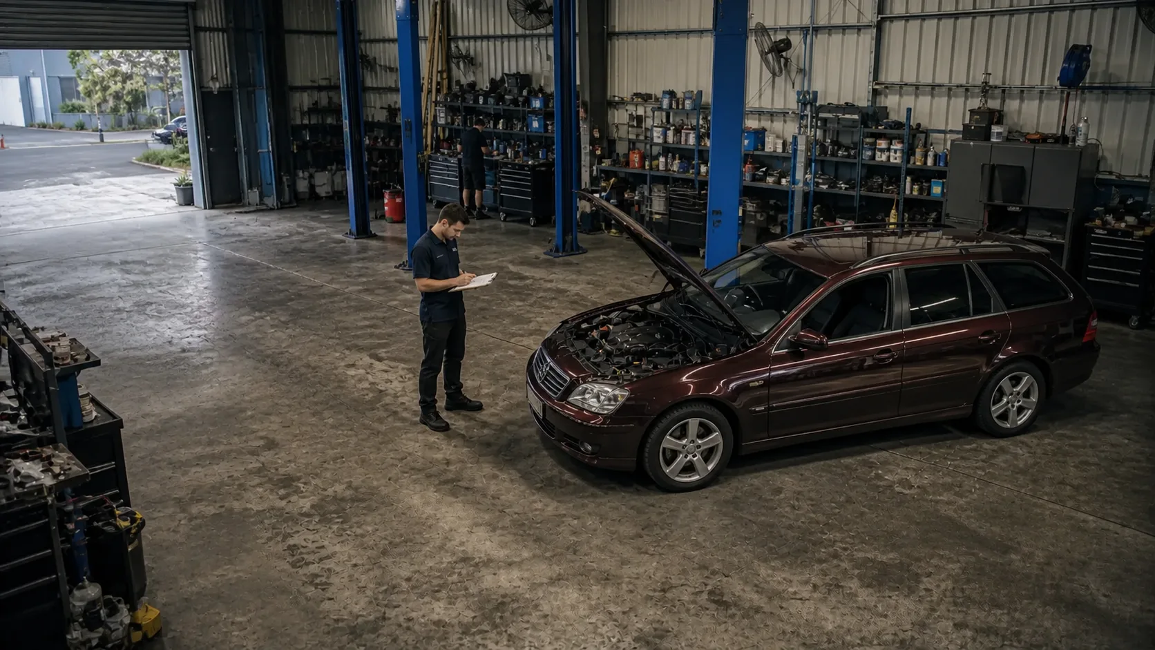 Burgundy European wagon receiving a scheduled service inspection in a practical Melbourne workshop with technicians shown in context